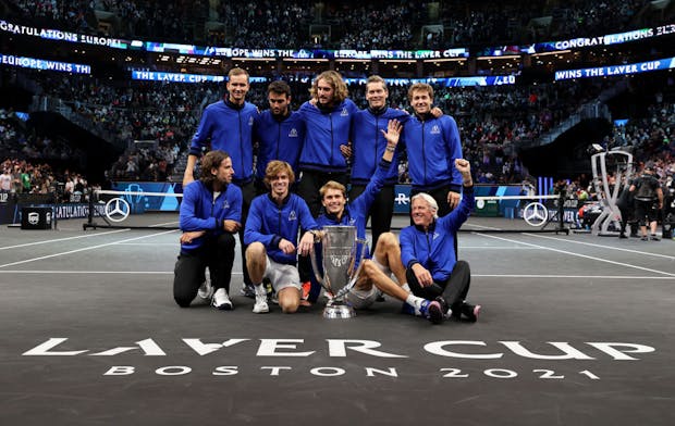 Team Europe poses with the trophy after defeating Team World at the 2021 Laver Cup in Boston (by Clive Brunskill/Getty Images for Laver Cup)