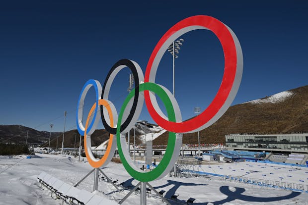 A general view with the Olympic Rings seen at The National Cross-Country Skiing Centre in Zhangjiakou, China (Photo by Matthias Hangst/Getty Images)