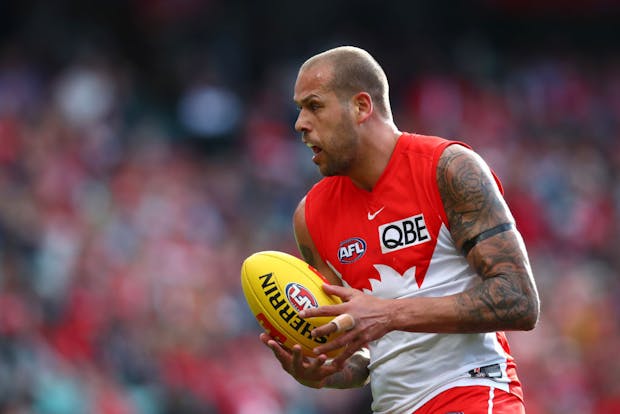 Lance Franklin of the Sydney Swans in action against the Collingwood Magpies at the Sydney Cricket Ground. (Photo by Jason McCawley/AFL Photos/via Getty Images )