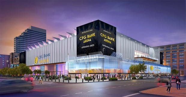 A rendering of planned renovations at the newly renamed CFG Bank Arena in Baltimore, Maryland. (Oak View Group)
