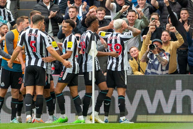 Newcastle United midfielder Bruno Guimarães celebrates after scoring during the Premier League match against Brentford (by Richard Callis/MB Media/Getty Images)
