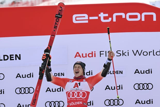 Marco Odermatt celebrates victory in the FIS Alpine Ski World Cup men's giant slalom in Soelden, Austria (Hans Peter Lottermoser/SEPA.Media /Getty Images)