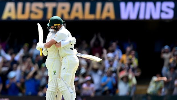 Marcus Harris of Australia and Marnus Labuschagne of Australia celebrate victory in the first Ashes Test match in December 2021. (Bradley Kanaris/Getty Images)