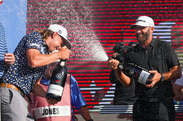 Dustin Johnson (right) celebrates 4 Aces' victory in LIV Golf's season-ending tournament in Doral, Florida (Credit: Getty Images)
