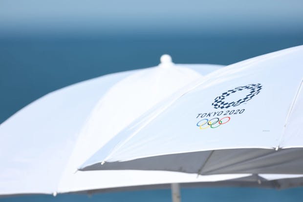 The Tokyo 2020 logo is seen at Tsurigasaki Surfing Beach ahead of the Olympic Games (by Ryan Pierse/Getty Images)