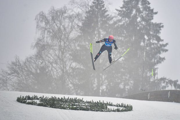 Karl Geiger of Germany competes during the Individual HS142 at the Four Hills Tournament (Photo by Bjorn Reichert/NordicFocus/Getty Images)