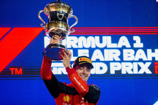 Charles Leclerc of Ferrari celebrates winning the 2022 Bahrain Grand Prix (by Peter J Fox/Getty Images)