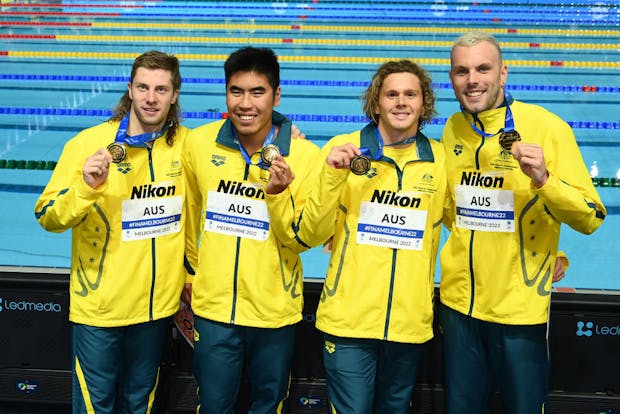 Gold medallists Australia celebrate winning the Men's 4x100m Medley Relay Final at the 2022 World Short Course Swimming Championships (Quinn Rooney/Getty Images)