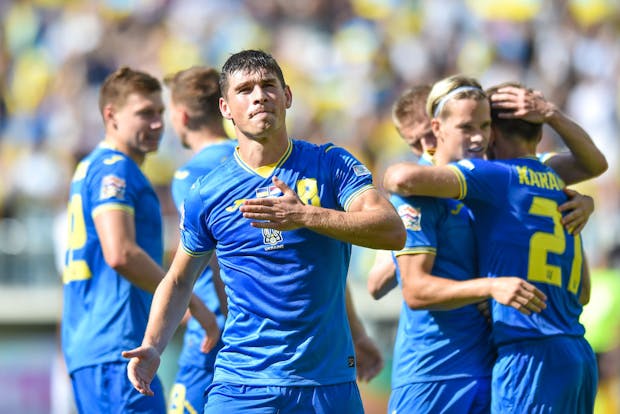 Ruslan Malinovskyi of Ukraine celebrates during the Uefa Nations League match against Armenia (Laskowski/PressFocus/MB Media/Getty Images)