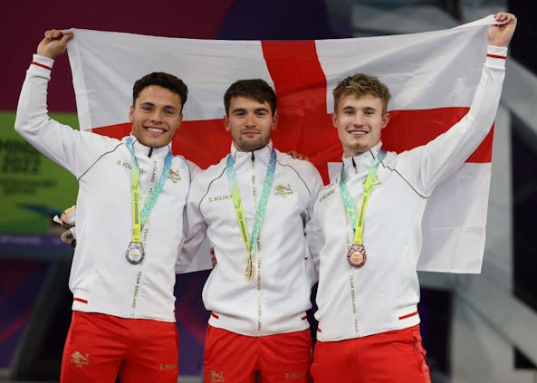 Team England's Jordan Houlden, Daniel Goodfellow and Jack Laugher with their medals at the Birmingham 2022 Commonwealth Games (Ian MacNicol/Getty Images)