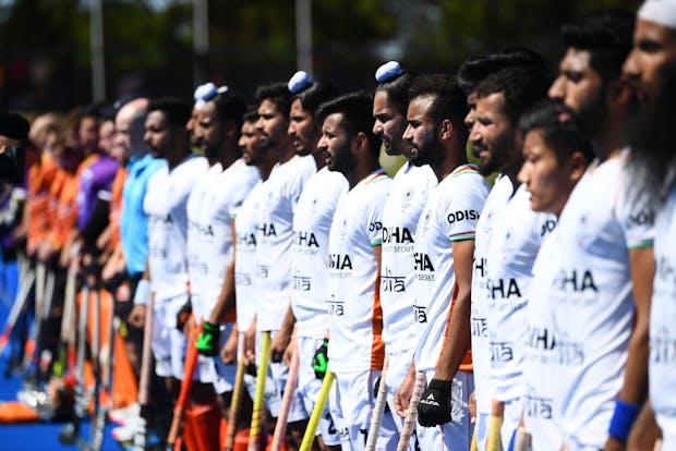 India stand for their national anthem  ahead of a match against Australia on December 3, 2022 (by Mark Brake/Getty Images for Hockey Australia)