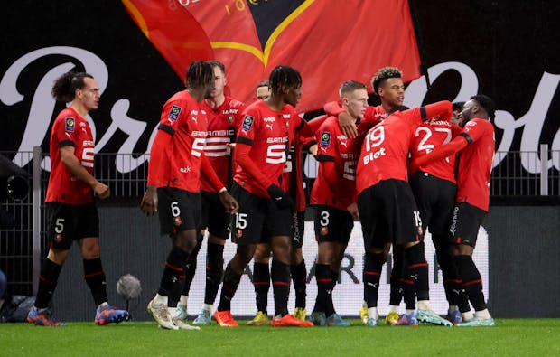 Rennes celebrate during Ligue 1 match v Paris Saint-Germain on January 15, 2023 (Photo by Jean Catuffe/Getty Images)