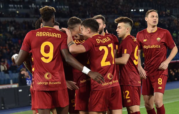 Roger Ibanez da Silva of AS Roma celebrates with his teammates (Photo by Giuseppe Bellini/Getty Images)