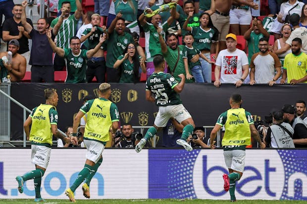 Gabriel Menino of Palmeiras celebrates after scoring his team's fourth goal in the final match of the 2023 Supercopa do Brasil. (Photo by Buda Mendes/Getty Images).