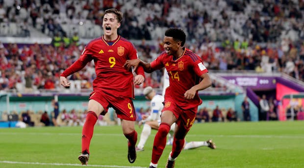 Gavi celebrates with Alejandro Balde during Spain's 2022 Fifa World Cup match against Costa Rica (by David S. Bustamante/Soccrates/Getty Images)