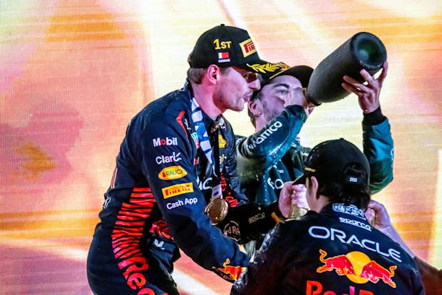 Max Verstappen celebrates victory after the 2023 Bahrain Grand Prix (by Michael Potts/BSR Agency/Getty Images)
