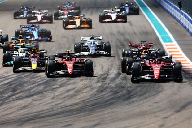Charles Leclerc leads the field at the start of the race during the F1 Grand Prix of Miami (Photo by Mark Thompson/Getty Images)