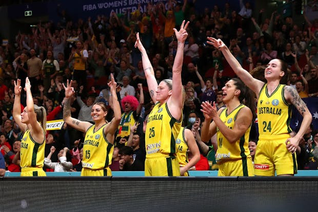 Australia players react during the 2022 Fiba Women's Basketball World Cup third place match against Canada (by Kelly Defina/Getty Images)