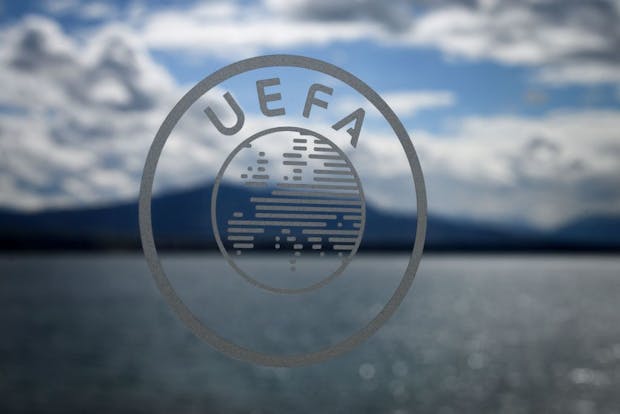 UEFA logo on view at UEFA headquarters in Nyon. (FABRICE COFFRINI/AFP via Getty Images)