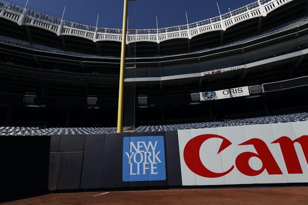 New York Life logo near the left-field foul pole at Yankee Stadium (Yankees, New York Life)
