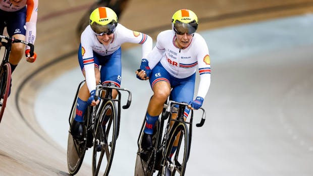 Neah Evans and Laura Kenny of Great Britain compete during the 2022 UCI Track World Championship. (Antonio Borga/Eurasia Sport Images/Getty Images)
