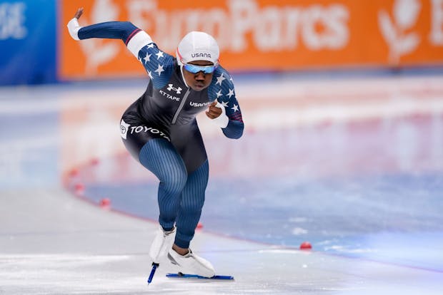 Erin Jackson of United States of America competing in an Under Armour branded suit in 2023 (Getty Images)