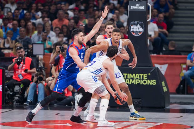 Sergio Llull of Real Madrid competes against Vasilije Micic of Anadolu Efes Istanbul during the 2022 EuroLeague Final Four championship game in Belgrade, Serbia (by Nikola Krstic/MB Media/Getty Images)