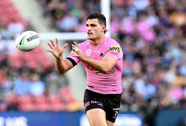 Nathan Cleary of the Panthers catches the ball during match on May 06, 2023 (Photo by Bradley Kanaris/Getty Images)