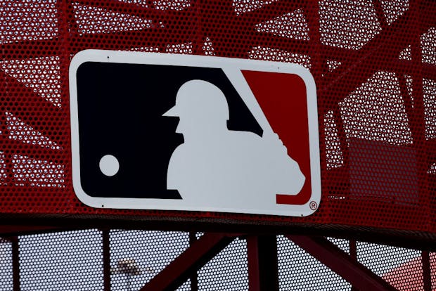 A MLB logo at Angel Stadium in Anaheim, California. (Photo by Ronald Martinez/Getty Images)