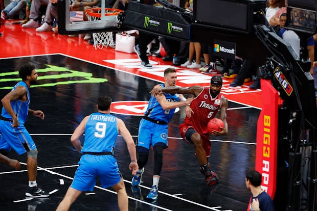 Earl Clark #5 of the Trilogy is fouled by TJ Cline #6 of the Power during the 2022 BIG3 Championship game in Atlanta, Georgia. (Todd Kirkland/Getty Images for BIG3)