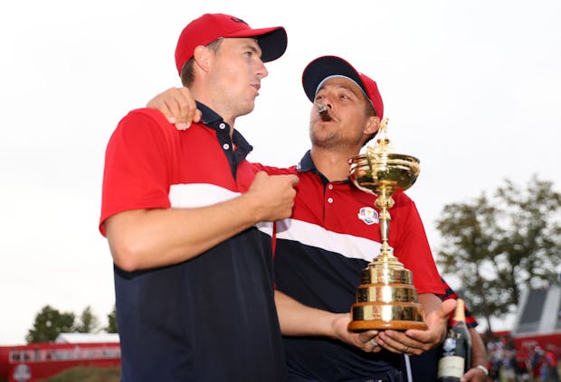 Xander Schauffele and Jordan Spieth of the US team celebrate at the 43rd Ryder Cup at Whistling Straits on September 26, 2021 in Kohler, Wisconsin. (Photo by Warren Little/Getty Images)