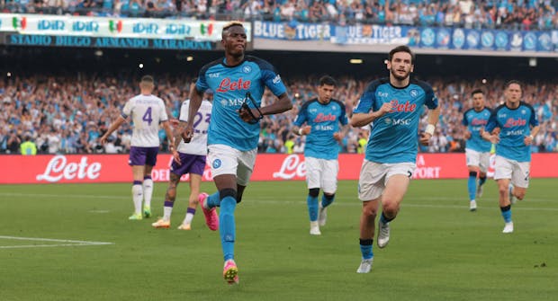 Victor Osimhen of SSC Napoli celebrates after scoring to give his side the lead against Fiorentina (Photo by Jonathan Moscrop/Getty Images)