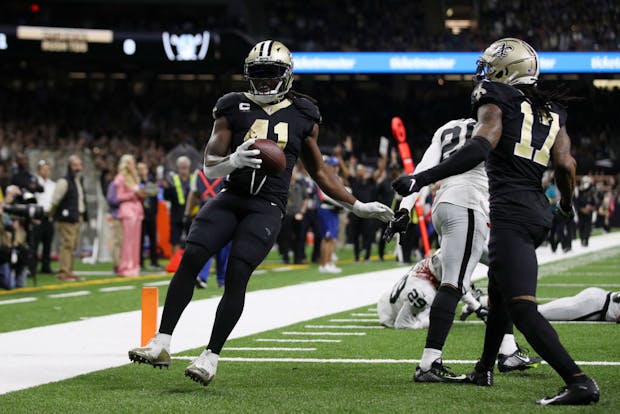 Alvin Kamara of the New Orleans Saints scores a touchdown v Las Vegas Raiders at Caesars Superdome in New Orleans. (Photo by Sean Gardner/Getty Images)