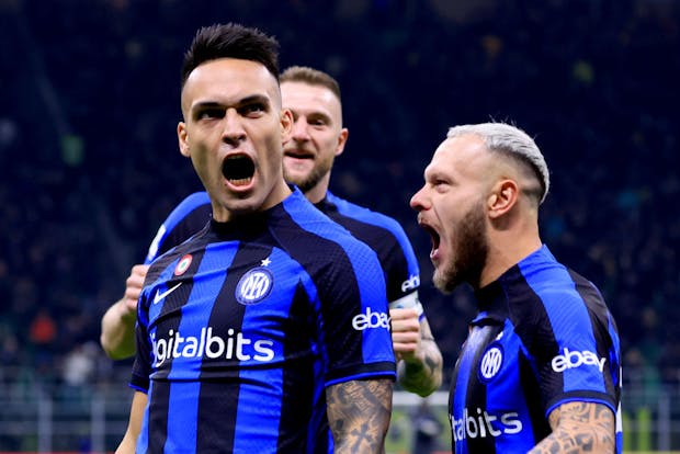 MILAN, ITALY - JANUARY 14: FC Internazionale celebrates after scoring at Stadio Giuseppe Meazza on January 14, 2023 in Milan, Italy. (Photo by Giuseppe Cottini/Getty Images)