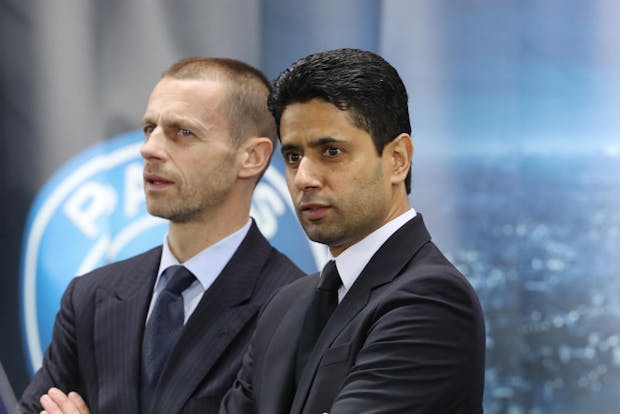 UEFA president Aleksander Ceferin (L) and Nasser Al-Khelaifi (R) pictured in 2017 in Paris (Photo by Xavier Laine/Getty Images)