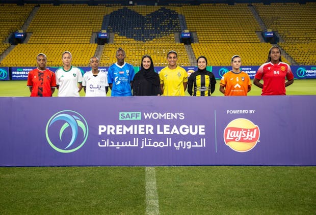 The eight captains of the Saudi Women's Premier League alongside Aalia Abdulaziz AlRasheed head of the Women's Department at SAFF. (Photo: SAAF)