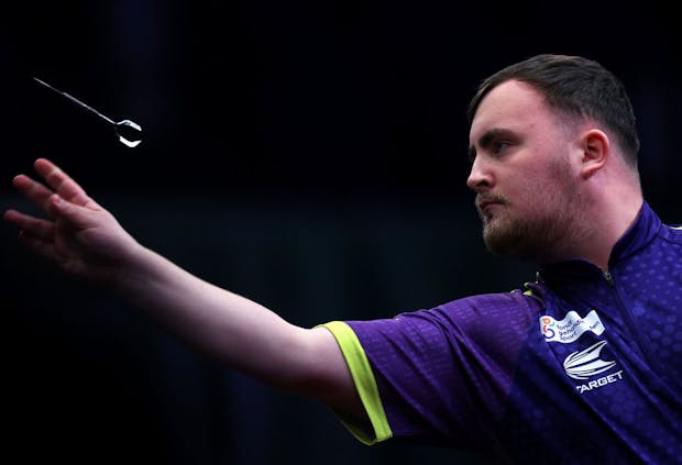Luke Littler at the 2024 Dutch Darts Masters in January 2024. (Photo by Dean Mouhtaropoulos/Getty Images)