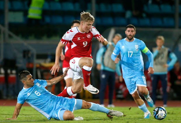 Rasmus Hojlund of Denmark during a Euro 2024 qualifying match against San Marino. (Photo by MB Media/Getty Images)